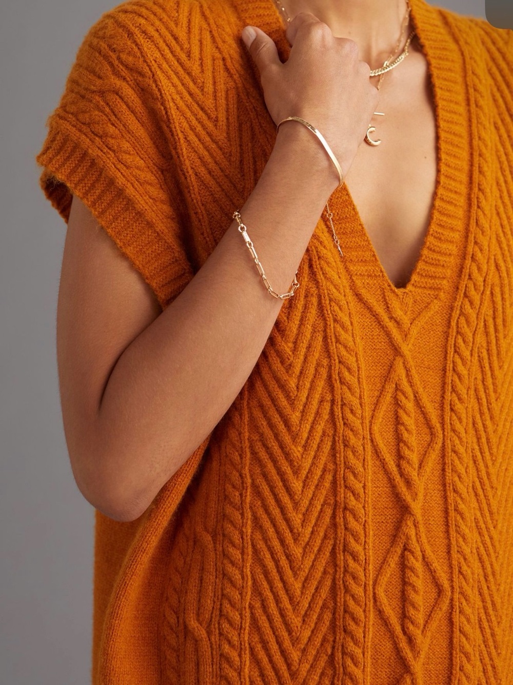 Anthropologie Cable Knit V-Neck Sweater Vest — Burnt Orange